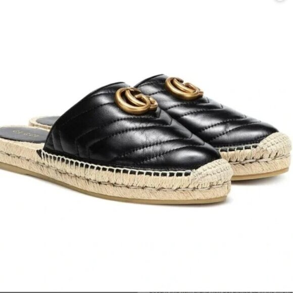 Gucci Nappa Matelasse GG Marmont Black Mules Espadrilles Size 37.5 - Picture 1 of 9